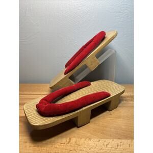 Vintage Traditional Japanese Wooden Geta Sandals with Red Velvet Straps Zori